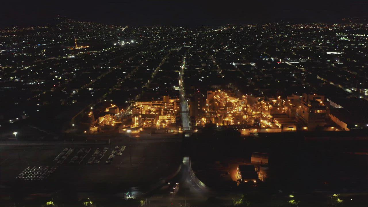 Aerial view of an industrial plant at night